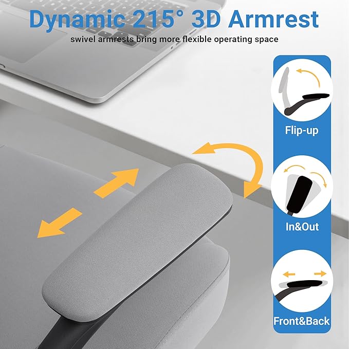 HYLONE Heavy Duty Office Chair, 5" Thickened Seat Ergonomic Desk Chair with Adjustable Armrests, Home Office Computer Chairs for Long Hours Mesh Executive Chair(Dark Grey)-DeskLoop Office