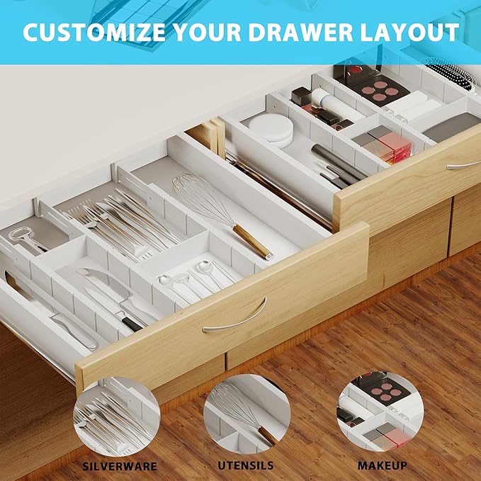 6 Pack Bamboo Drawer Dividers with 12 Inserts, Expandable Adjustable Clothes Drawer Organizers and Storage from 17" to 22" for Kitchen, Bedroom, Dresser, Cosmetics (White)-DeskLoop Office