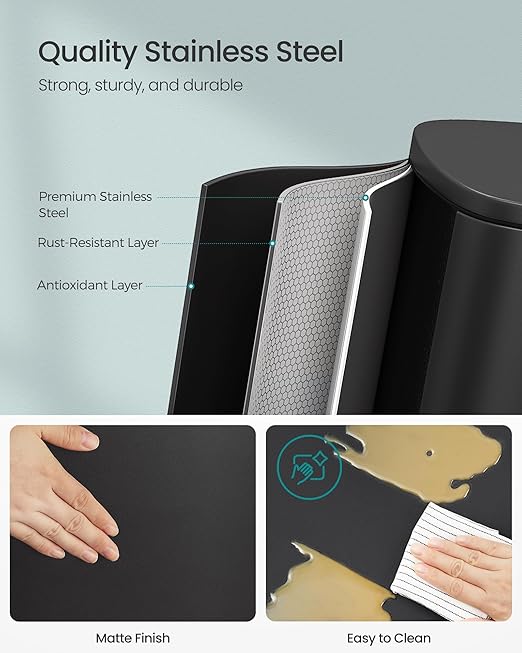 SONGMICS 13 Gallon (50 L) Trash Can, Stainless Steel Kitchen Garbage Can, Recycling or Waste Bin, Soft Close, Step-On Pedal, Removable Inner Bucket, Black ULTB050B01-DeskLoop Office