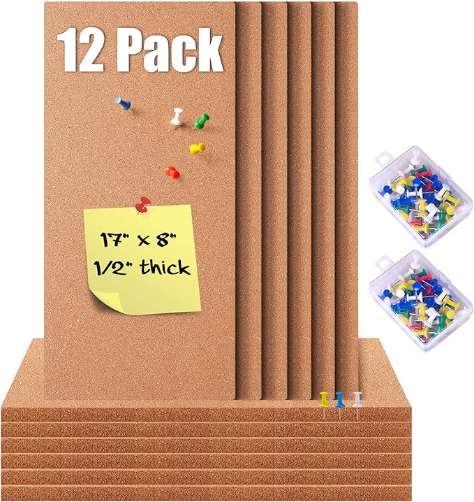 Transform Your Space with GARDYUE's 12-Pack Cork Bulletin Board Tiles - 17 x 8 Inches, 1/2" Thick, Self-Adhesive, Frameless, and Eco-Friendly - Perfect for DIY, Office, School, and Home Decor-DeskLoop Office