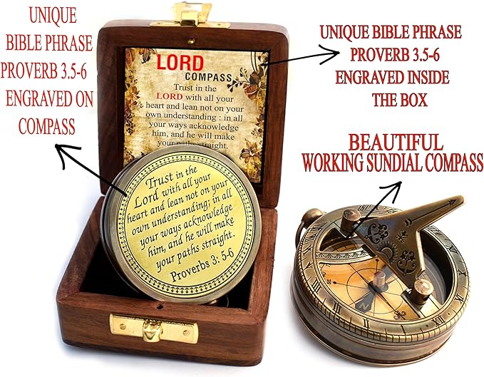 Trust in The Lord With All Your Heart - Proverbs 3:5-6 Quote Engraved Compass With Wooden Box, Greeting Card, Gift Compass, Graduation Day Gifts 2024 for Women Men Boys Girls-DeskLoop Office