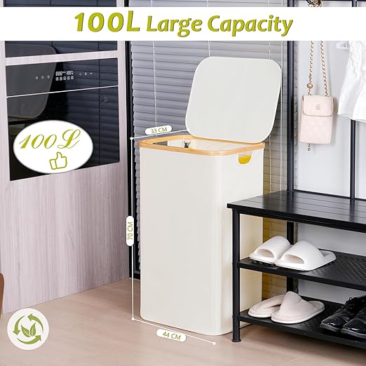 efluky Recycle Bin Holder 100L, 26 Gallon Trash Can with Lid, Garbage Bag Holder for Yellow Bags, Easy Removal, (Inner Bag Not Included) -Beige-DeskLoop Office