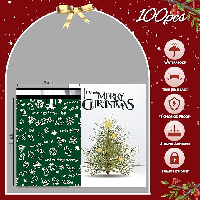 Christmas Poly Mailer - 6x9 Inch, 100 Pcs Waterproof Tear-Resistant Mailer Bags with Self-Seal - Green Merry Christmas-DeskLoop Office