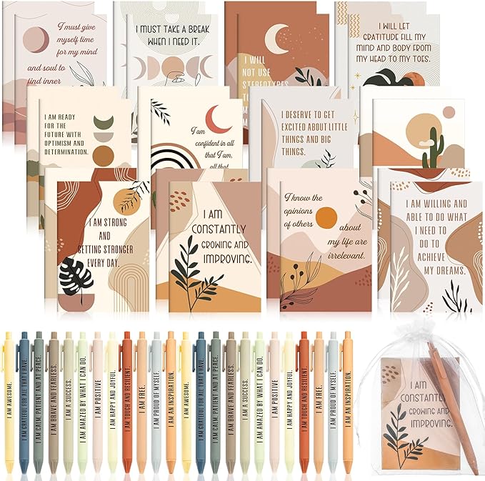 Mooliwe 12 Set/24 Pcs Positive Affirmation Gift Set Gratitude Notebooks with Pens Small Bags Motivational Encouragement Notepads Daily Affirmations Journal for Women Stress Relief Self Care(Rainbow)-DeskLoop Office