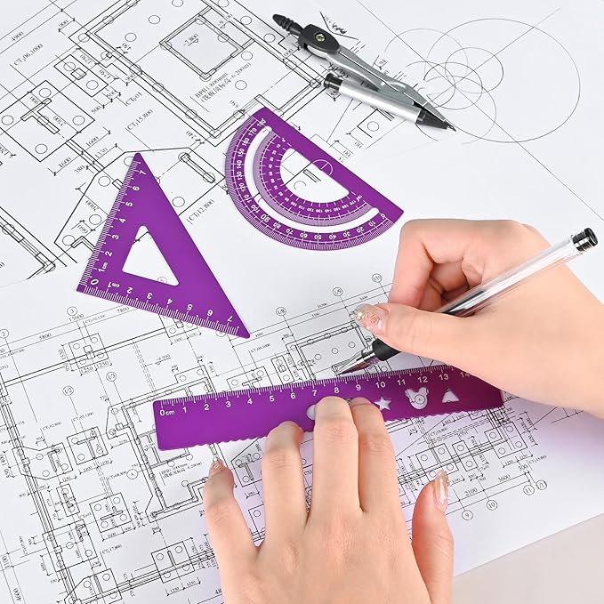 6 Pcs Metal Geometry Set, Math Geometry Kit, Metal Ruler Set and Compass Geometry Tool, Rulers Protractor and Compass Set for Student School and Drawings Supplies (Purple)-DeskLoop Office