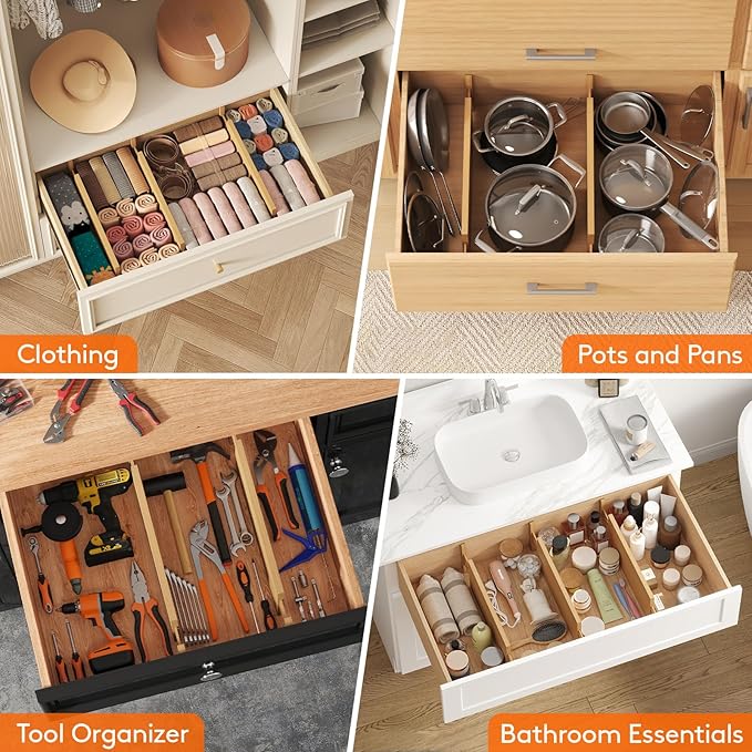 Lifewit 6 Pack Drawer Dividers Bamboo 6" High, 16-22" Adjustable Clothes Drawer Organizers, Expandable Dresser Separators in Bedroom/Bathroom/Kitchen/Office Organization and Storage-DeskLoop Office