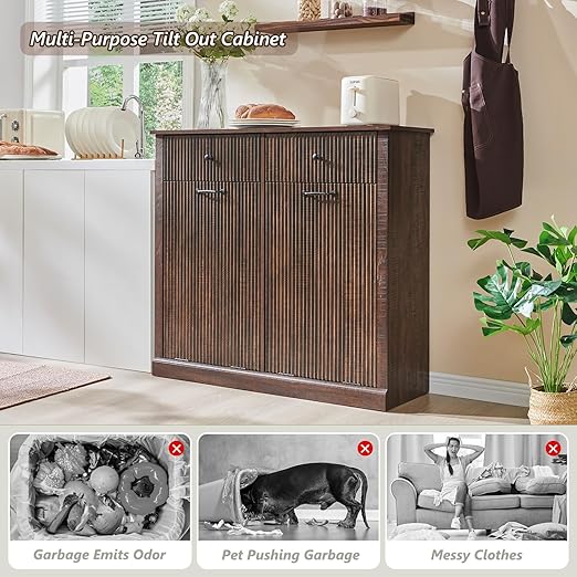Modern Double Tilt-Out Trash Cabinet, 20 Gallon Fluted Laundry Hamper Cabinet with 2 Drawers, Wooden Hidden Garbage Can Cabinet w/Storage Basket,Free Standing for Kitchen & Living Room, Brown-DeskLoop Office