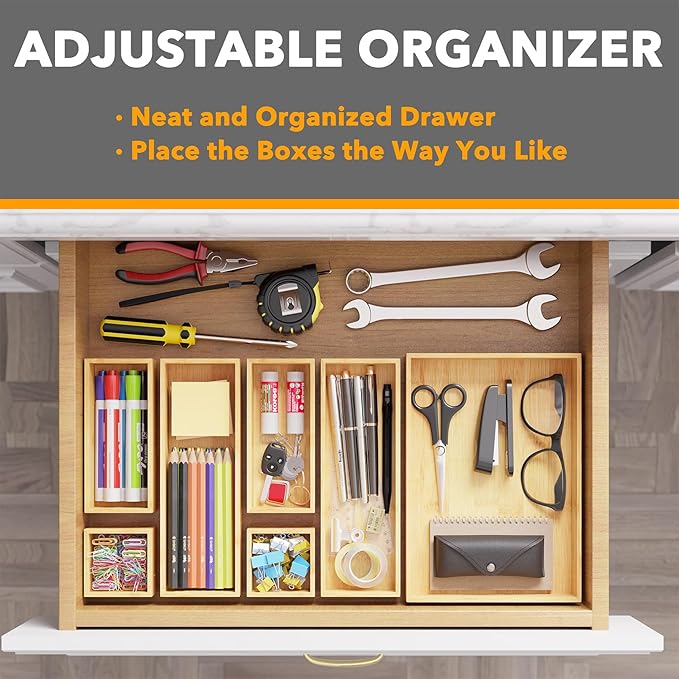 SpaceAid 7-Piece Bamboo Drawer Organizer Storage Boxes Set, Wood Tray Junk Drawer Organizers Multi-Use Divider Bins for Kitchen, Bathroom, Office Desk and Makeup Organization (7 Pack, Natural)-DeskLoop Office