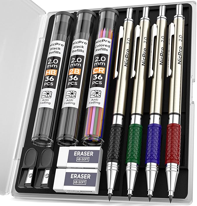Nicpro 4 PCS Premium 2.0 mm Mechanical Pencils Set, 108 Colored & Black (HB 2B) Lead Refills, Art Metal 2mm Carpenter Pencil with 2 Erasers, 2 Sharpeners for Drafting Sketching Drawing with Case-DeskLoop Office