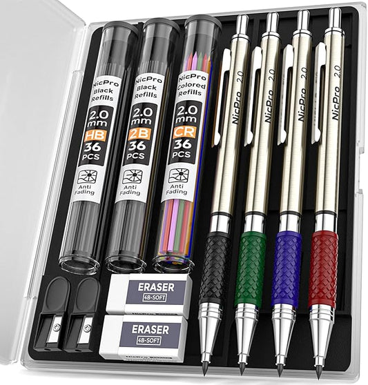 Nicpro 4 PCS Premium 2.0 mm Mechanical Pencils Set, 108 Colored & Black (HB 2B) Lead Refills, Art Metal 2mm Carpenter Pencil with 2 Erasers, 2 Sharpeners for Drafting Sketching Drawing with Case-DeskLoop Office
