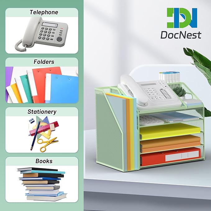 DocNest 5 Tier Paper Letter Tray File Organizer, Mesh Desk File with Handle, Workspace Desk Organizers with Pen Holder, Office Organization Storage Accessories - Green-DeskLoop Office