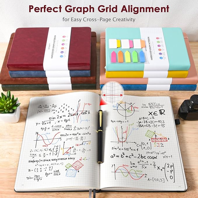 Graph Paper Notebook, 312 Numbered Pages B5 Hardcover Leather Journal, 100gsm No Bleed Grid Paper Notebook with Index Pages, Grid Notebook for Graphing Notes Math, 7.6'' X 10'', Burgundy-DeskLoop Office