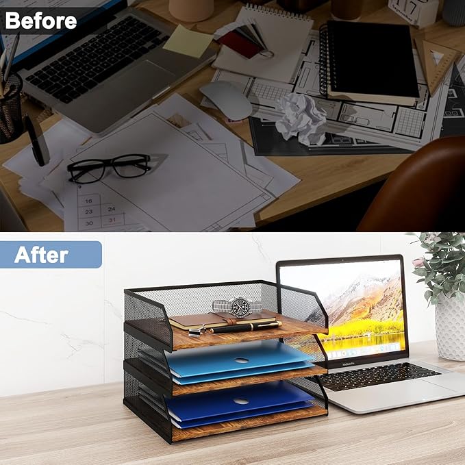 Natwind 3-Tier Stackable Paper Tray, Metal Mesh Desktop Organizer, Paper Sorter, Letter Trays,File Document Storage Rack for for Home, Office, School (Retro)-DeskLoop Office