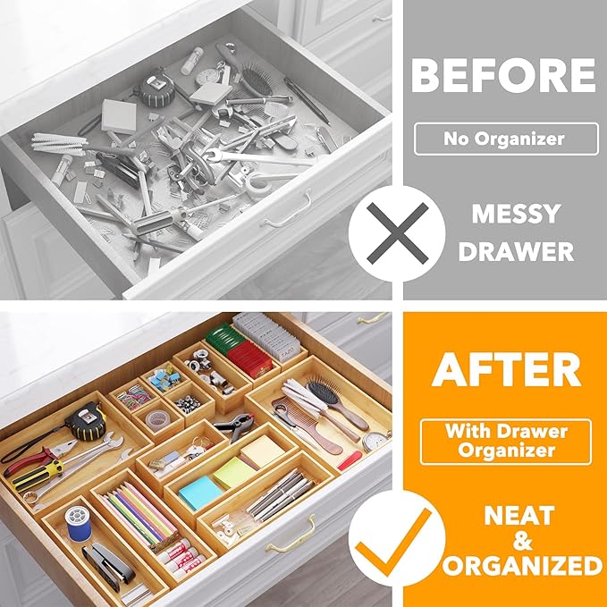 SpaceAid 14-Piece Bamboo Drawer Organizer Storage Boxes Set, Wood Tray Junk Drawer Organizers Multi-Use Divider Bins for Kitchen, Bathroom, Office Desk and Makeup Organization (14 Pack, Natural)-DeskLoop Office