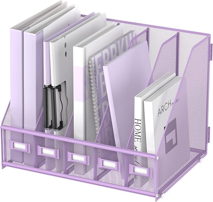 SUPEASY Desk Organizers Metal Desk Magazine File Holder with 5 Vertical Compartments Rack File Organizer for Office Desktop, Home Workspace, Purple-DeskLoop Office