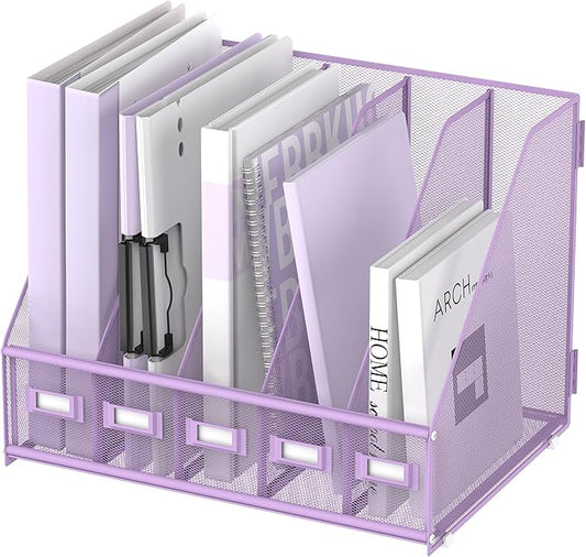 SUPEASY Desk Organizers Metal Desk Magazine File Holder with 5 Vertical Compartments Rack File Organizer for Office Desktop, Home Workspace, Purple-DeskLoop Office