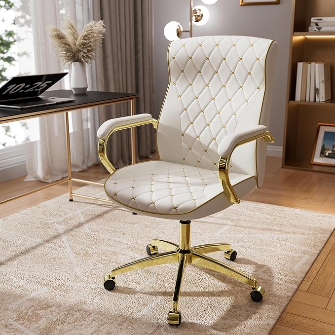 White and Gold Office Chair with Soft Leather Embroidery, Mid Back Vintage Swivel Executive Desk Chair with Wheels and Padded Arms, Adjustable Height-DeskLoop Office
