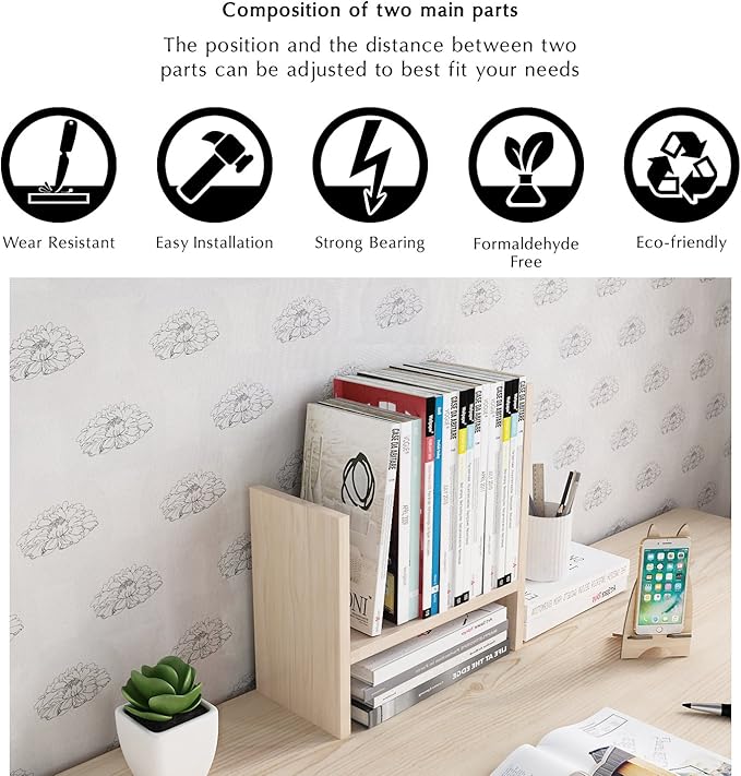 Jerry & Maggie Desktop Organizer Office Storage Rack Adjustable Wood Display Shelf Free Style Double H, Multi-Functional Mini Bookshelf for Desk Natural Stand (White Wood Tone)-DeskLoop Office