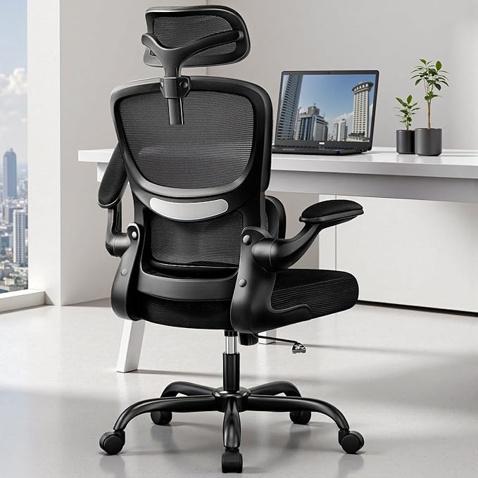 High Back Ergonomic Office Chair, Breathable Mesh Desk Chair with Lumbar Support, Adjustable Headrest, Flip-up Armrests, Computer Gaming Chair-DeskLoop Office