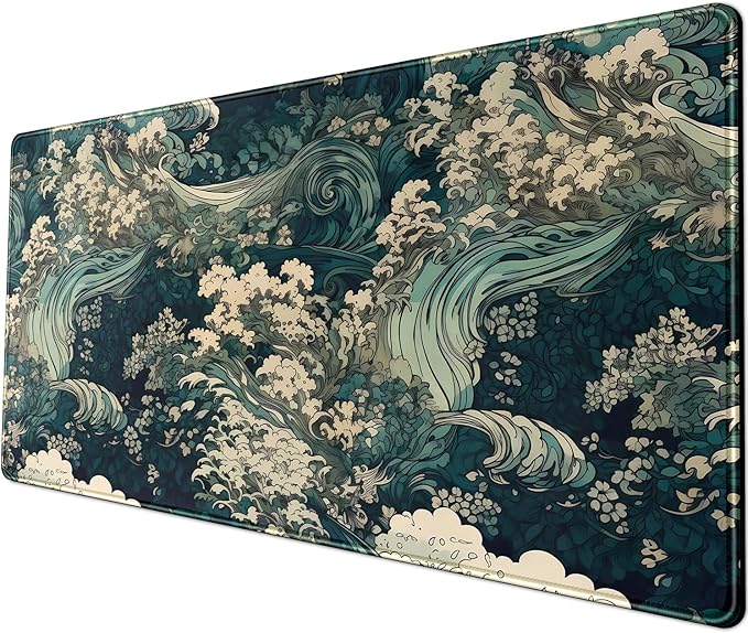 Japanese Large Mouse Pad Gaming Sea Wave Desk Pad Blue Sea Flower Art Aesthetics Desk Pad Non-Slip Rubber Base Mice Pad, 31.5 X 11.8 in for Laptop Computer Mouse Keyboard Mat of Office Desk Decor-DeskLoop Office