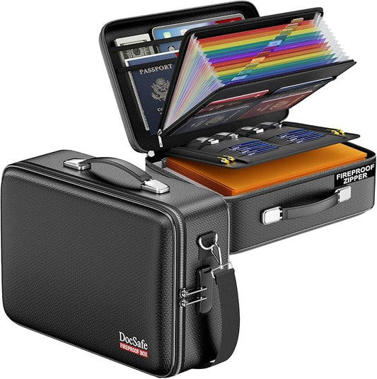 DocSafe Fireproof Document Box with Lock, Hard Case File Organizer with Accordion File Folder, Fireproof Water Resistant Safe Box Home Office Travel Storage for Important Documents Laptop Black-DeskLoop Office