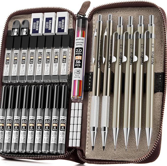 Nicpro 33PCS Metal Mechanical Pencil Set in Leather Case, Art Drafting Pencil 0.3, 0.5, 0.7, 0.9 mm, 2mm Lead Pencil Holders for Sketching Drawing With 18 Tube (6B 4B 2B HB 2H 4H Colors) Lead Refills-DeskLoop Office