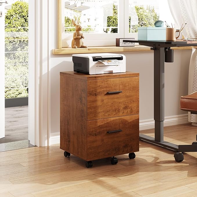 DEVAISE Wood File Cabinet, 2 Drawer Filing Cabinet for Home Office, Vertical File Cabinets with Wheels fits A4/Letter/Legal Size File, Walnut-DeskLoop Office