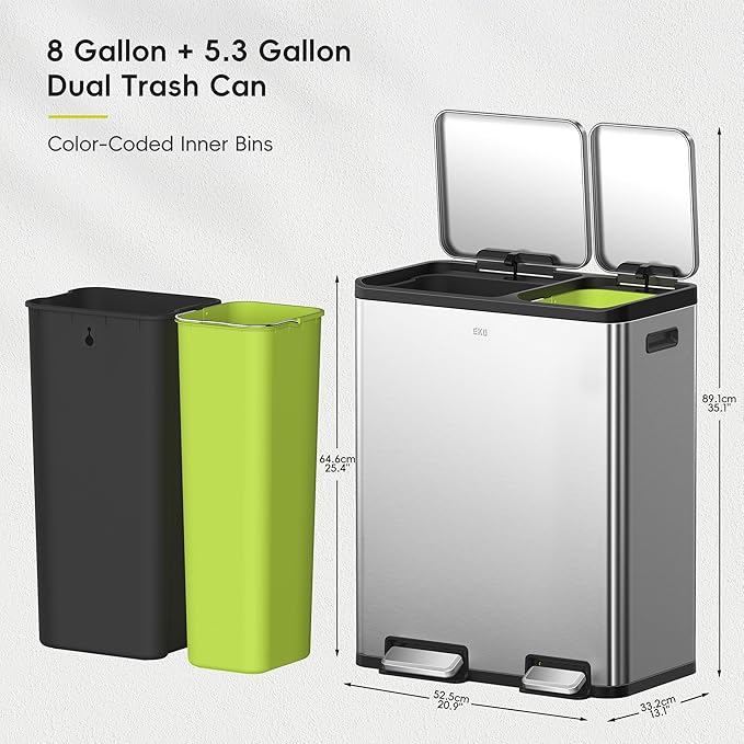 EKO EcoCasa Stainless Steel Dual Step Trash Can for Recycling, 30L+20L Rectangular Kitchen Trash Can, Independent Pedals and Lids, Soft Close and Fingerprint Resistant-DeskLoop Office
