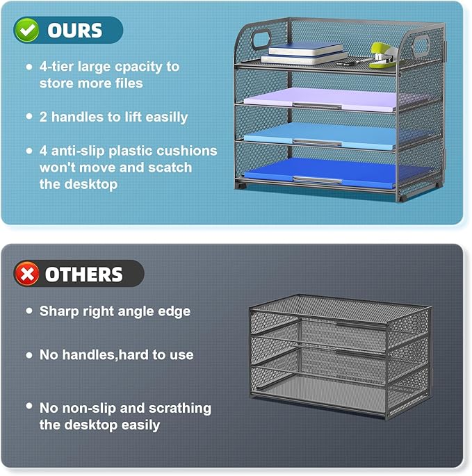 Marbrasse 4 Tier Paper Organizer Letter Tray - Mesh Desk File Organizer with Handle, Paper Sorter Organizer for Letter Office File Folder Holder (Grey, 12.6" x 9.1" x 10.7")-DeskLoop Office