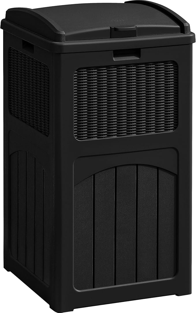 Greesum 33 Gallon Outdoor Trash Can with Lid, Waterproof Resin Garbage Bin for Hideaway, Deck, Patio, Black-DeskLoop Office