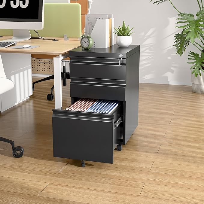 3 Drawer Steel Mobile File Cabinet with Lock for Legal/Letter/A4 Folders, 23.6''H Rolling File Cabinet for Home, Office, Fully Assembled Except Wheels, Black-DeskLoop Office