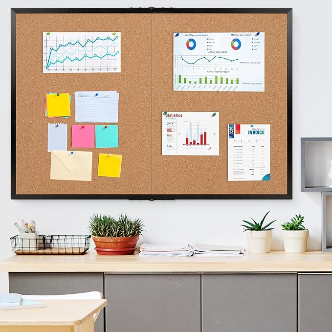 Board2by Cork Board Bulletin Board 36 x 48, Black Wood Framed 4x3 Corkboard, Foldable Office Board for Wall Decor, Large Wall Mounted Notice Pin Board with 36 Push Pins for School, Home & Office-DeskLoop Office