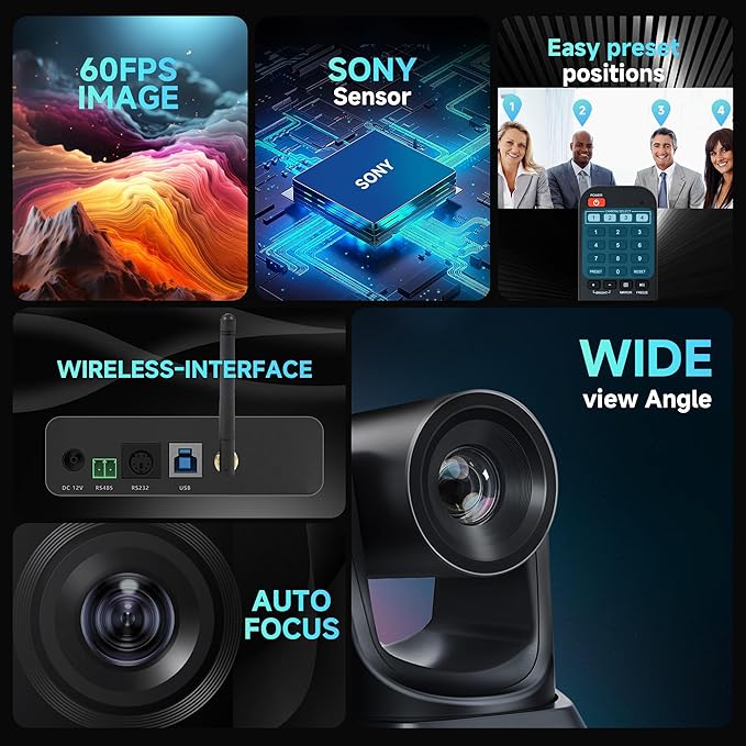 Wireless Conference Room Webcam, Church Live Streaming 10X USB 1080P 60fps PTZ Camera for Worship Services Online Conference, Works with Zoom, Skype OBS-DeskLoop Office