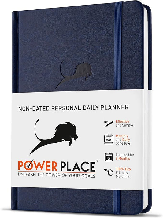 Undated Day Planner & Calendar – 6-Month Life Organizer for Productivity, Time-Management & Focus | 24-Hour Hourly Agenda for Men & Women, Vegan Leather Hardcover (Blue)-DeskLoop Office