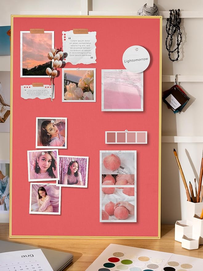 Bulletin Board 23.6 x 17.7 inches, Coral Red Pin Board, Golden Aluminum Framed Fabric Cork Board with 10 Push Pins-DeskLoop Office