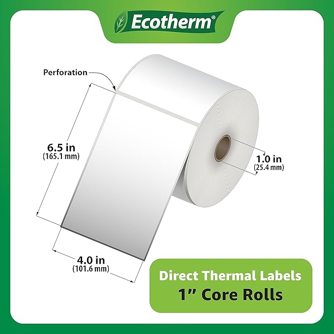4" x 6.5" Thermal Labels | 6 Rolls | 2280 Labels | fits Zebra, Munbyn, Rollo, Godex, Arkscan, iDPRT, Offnova Thermal Label Printers and More | Blank White Adhesive Stickers by Ecotherm-DeskLoop Office