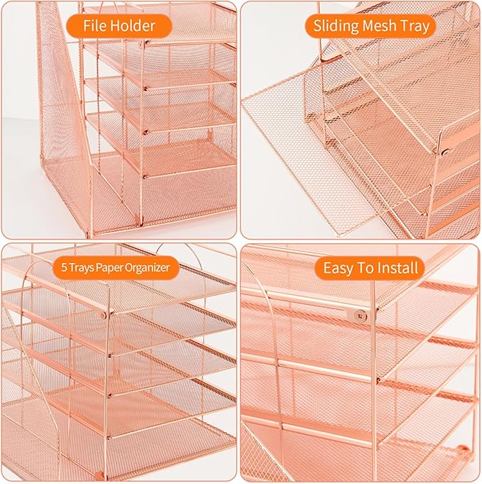 Desk Organizers and Accessories, 5-Tier Paper Letter Tray Organizer with File Holder, Desktop Organizer for Office Supplies, Office Desk Accessories & Workspace (Rose Gold)-DeskLoop Office