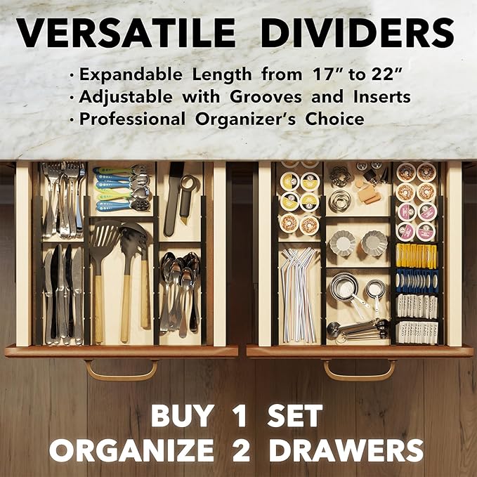 SpaceAid Bamboo Drawer Dividers with Inserts and Labels, Kitchen Adjustable Drawer Organizers, Expandable Organization for Home, Office, Dressers, 10 Dividers with 24 Inserts (17"-22" Black)-DeskLoop Office