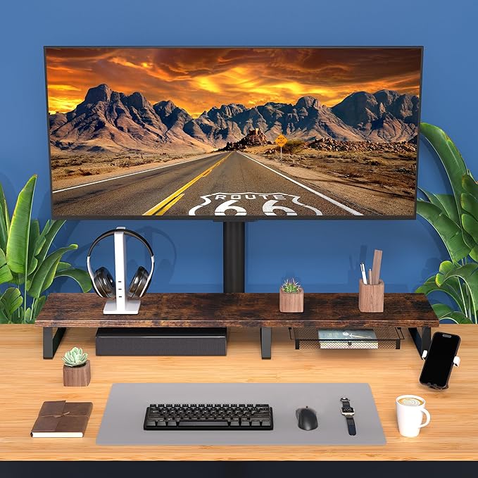 Aothia Dual Monitor Stand Riser - Metal Leg Monitor Stand with Drawer, Desk Shelf for PC, Laptop & Screen (Vintage)-DeskLoop Office