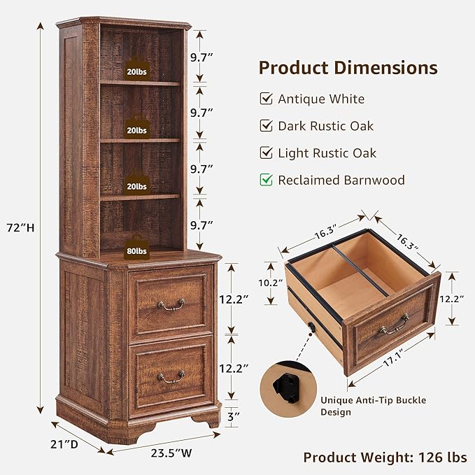 T4TREAM 6-Tier Bookcase with 2 File Drawers, 72" Tall Farmhouse Bookshelf with Storage & Adjustable Shelves, Wooden Floor Standing Display Book Shelf Organizer for Home Office, Reclaimed Barnwood-DeskLoop Office