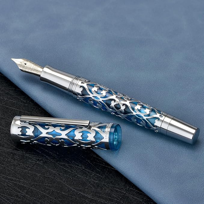 Hongdian D1 Piston Fountain Pen Fine Soft Nib, Silver Blue Hollow Skeleton & Resin Pen with Metal Case Set-DeskLoop Office