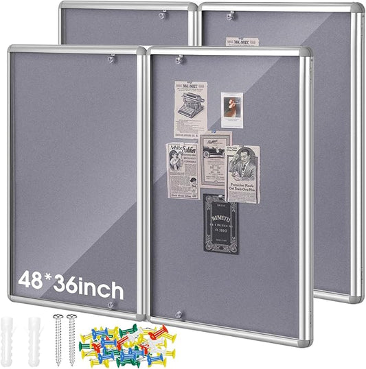 2 Pack Enclosed Bulletin Board 48"x36" Weather Resistant Lockable Enclosed Notice Cork Case Display Board Wall Mounted 2 Locking Door Aluminum Frame for Back to School Classroom, 12xA4(Gray)-DeskLoop Office