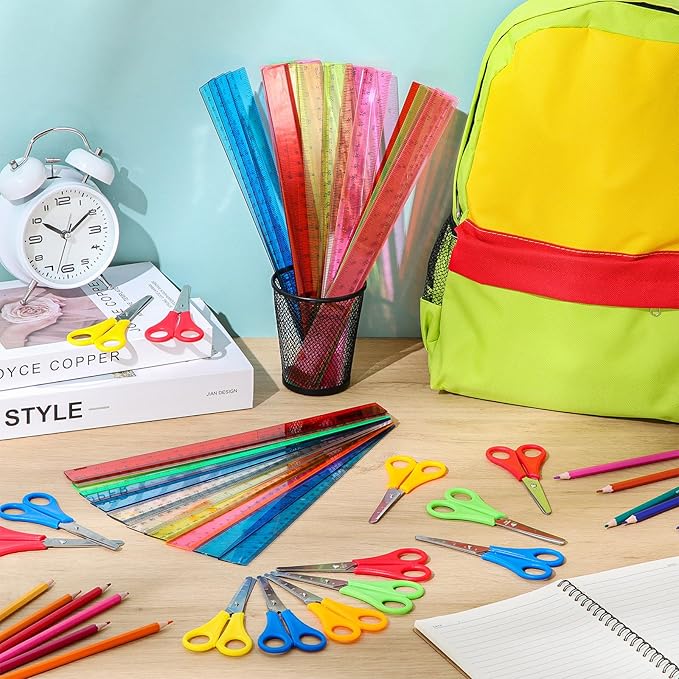 PerKoop 200 Pcs School Supplies with 100 Pcs Safety Blunt Tip Student Scissors 100 Pcs 12 Inch Plastic Rulers Back to School Supply Kit for Operation Christmas Charity Donation Supplies (Vivid Color)-DeskLoop Office