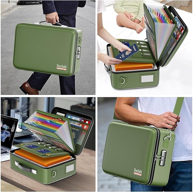 DocSafe Fireproof Document Box with Lock, Hard Case File Organizer with Accordion File Folder, Fireproof Water Resistant Safe Box Home Office Travel Storage for Important Documents Laptop Green-DeskLoop Office