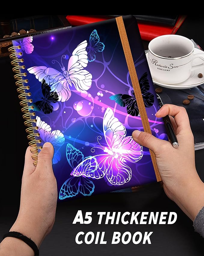 Ruled Spiral Writing Notebook,A5 Hardcover Lined College Journal for Women Lady,Fashion Puppy Watercolor Strong Twin-Wire Binding with Premium Paper,8.4" X 6",Perfect for School,Office,Home Gifts(Night Glowing Butterfly)-DeskLoop Office