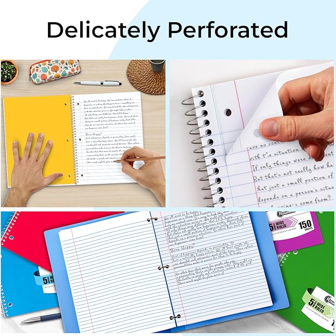 12 Pack Spiral Notebook, 5 Subject, 300 Pages/Book (150 Sheets), Wide Ruled, 8 x 10-1/2, Bulk Office Spiral Notebooks, Sturdy Spiral Journal, Notebooks for School, Soft Cover, Assorted Colors