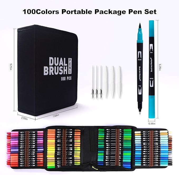 Dual Markers Brush Pens, 100 Coloring Pens and Fine Tips – Premium Art Supplies for Kids & Adults, Perfect for Coloring Books, Hand Lettering, Calligraphy, and Drawing-DeskLoop Office