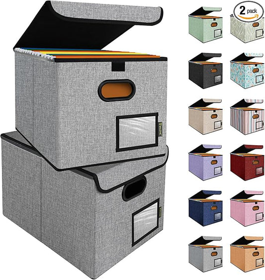 BALEINE File Organizer Box with Lid, Collapsible File Folder Organizer with Plastic Slide, Hanging File Folder Box for Office Document Storage (2 Pack, Grey)-DeskLoop Office