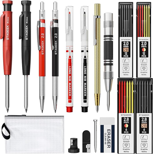 17 Pack Mechanical Carpenter Pencil Set with Sharpener 40 Refills, Automatic Center Punch, Carbide Scribe Tool, Eraser and Deep Hole Marker Pen, Heavy Duty Construction Pencil for Architect with Pouch-DeskLoop Office