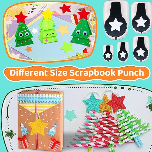 Star Hole Punch, Star Punches for Paper Crafts, Stars Paper Puncher Shape, 1 inch Stars Punch for Crafting, Large Hole Puncher, Scrapbook Punches 2 in, 1.5 in, 1 in, 5/8 in, 3/8 in - 5 Pcs-DeskLoop Office